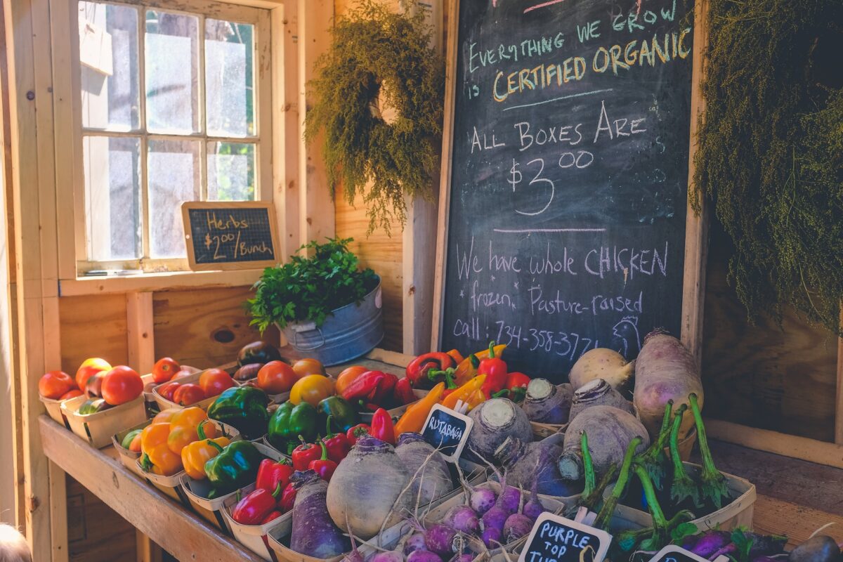 Brightly colored produce at a farmers market