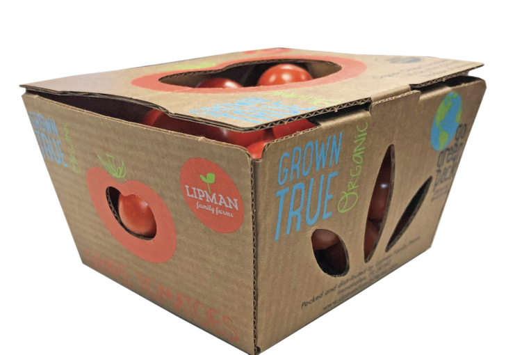 Immokalee, Florida-based Lipman Family Farms showcased new compostable clamshell packaging at a trade show in April 2021. Carefully curated for Lipman’s Grown True organic grape tomatoes, the packaging offers 100% backyard compostability. Photos: Lipman Family Farms