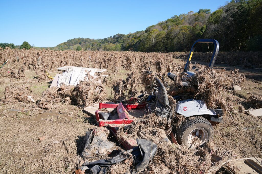 A 12-acre organic berry orchard on River Ridge Farm in Grayson County was destroyed after the New River flooded far above its banks. Phots by Marya Barlow for Virginia Tech.