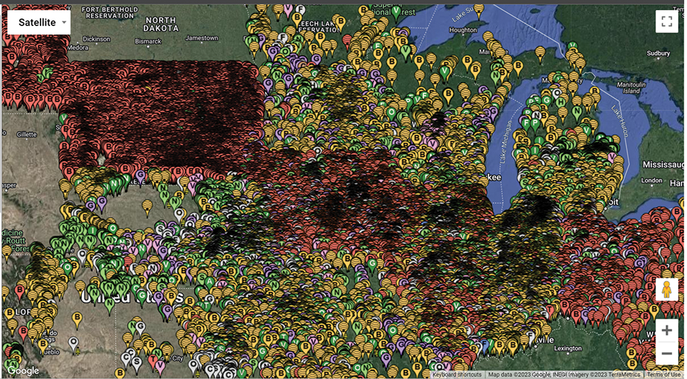 Thousands of fields and beehives noted in a map.