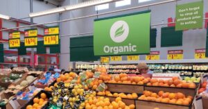 Organic produce for sale at grocery store.