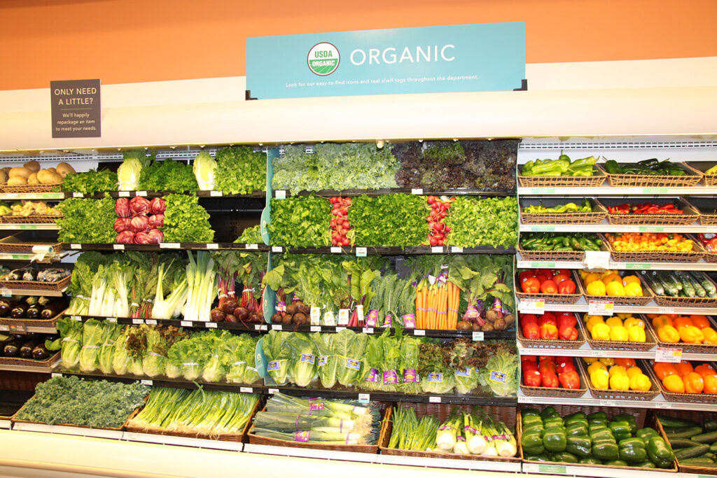 Organic produce display in a grocery store.