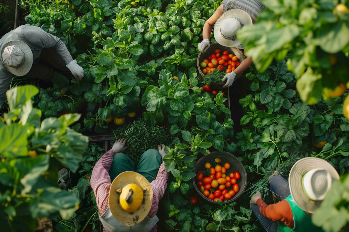 Aerial view of farmworkers picking tomatoes.